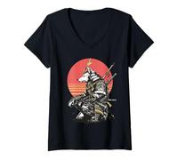 Donna Samurai Lupo Guerriero Giapponese Stile Ukiyo-e Tramonto Maglietta con Collo a V