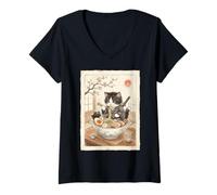 Donna Samurai Ninja Carino Gatto Ramen Bowl Giapponese Acquerello Giappone Maglietta con Collo a V