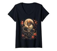 Donna Samurai Ninja Cat Dragon Moon Arte estetica Giapponese Maglietta con Collo a V