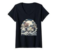 Donna Samurai Ninja Cat vs Dragon Monster Great Wave Arte Giapponese Maglietta con Collo a V