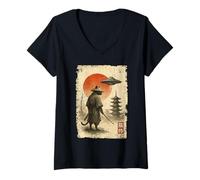 Donna Samurai Ninja Cat Warrior Sumi-e UFO Ukiyo-e Sci Fi Japanese Maglietta con Collo a V