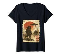 Donna Samurai Ninja Cat Warrior Sumi-e UFO Ukiyo-e Sci Fi Japanese Maglietta con Collo a V