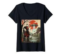 Donna Samurai Panda UFO Alien Invasione Giapponese Ukiyo-e Maglietta con Collo a V