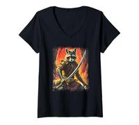 Donna Samurai Raccoon Giapponese Sumi-e Art Kawaii Divertente novità Maglietta con Collo a V