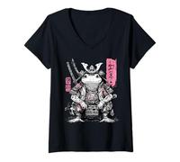 Donna Samurai Rana Guerriero Giapponese Ukiyo-e Stile Vintage Maglietta con Collo a V