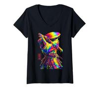 Donna Samurai Ronin Guerriero Cappello di Paglia Illustrazione Arte Maglietta con Collo a V