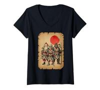 Donna Samurai Santa Alien Bigfoot Natale Giapponese Maglietta con Collo a V