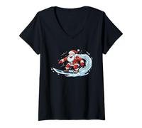 Donna Samurai Santa Surf Onde Natale Divertente Giapponese Maglietta con Collo a V