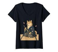 Donna Samurai Shiba Inu Ukiyo E Kimono Giapponese Maglietta con Collo a V