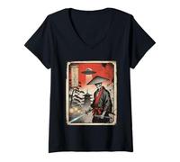 Donna Samurai Skeleton Warrior Giapponese Giappone UFO Ukiyo-e Art Maglietta con Collo a V