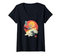 Donna Samurai Surf Cat - Ninja Surfer Onda Giapponese Retro Tramonto Maglietta con Collo a V