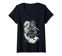 Donna Samurai Warrior Anime giapponese Dragon Ink Art Maglietta con Collo a V