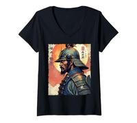 Donna Samurai Warrior Art Armatura Tradizionale Giapponese con Tramonto Maglietta con Collo a V