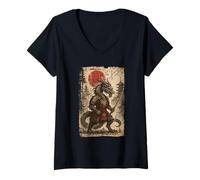 Donna Samurai Warrior Dragon Japanese Vintage Graphic Ukiyo-e Art Maglietta con Collo a V