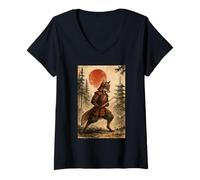 Donna Samurai Warrior Fox Japanese Vintage Graphic Ukiyo-e Art Maglietta con Collo a V
