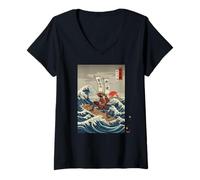 Donna Samurai Warrior on The Waves Japanese Ukiyo-e Ispirato Maglietta con Collo a V