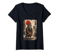 Donna Samurai Warrior Owl Japanese Vintage Graphic Ukiyo-e Art Maglietta con Collo a V