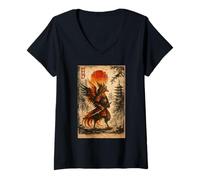 Donna Samurai Warrior Phoenix Japanese Vintage Graphic Ukiyo-e Art Maglietta con Collo a V