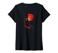 Donna Samurai Warrior Red Moon Inchiostro Giapponese Art Style Maglietta con Collo a V