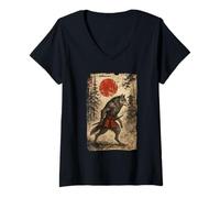 Donna Samurai Warrior Wolf Japanese Vintage Graphic Ukiyo-e Art Maglietta con Collo a V