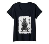 Donna Samurai Wolf Vintage Ukiyo-e Warrior Opera d'arte grafica Maglietta con Collo a V