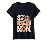 Donna San Bernardo Mamma Carino Retro Cane Mamma Maglietta con Collo a V