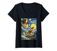 Donna San Bernardo Notte Stellata Van Gogh Simpatico Cane Ululante Maglietta con Collo a V