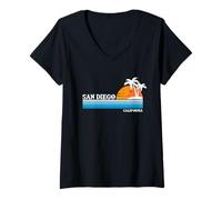 Donna San Diego USA Vacanza tropicale Vintage anni '80 Stile Tramonto Maglietta con Collo a V