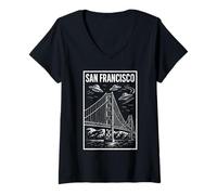 Donna San Francisco Bridge UFO Invasione Vintage Alien Viaggio Maglietta con Collo a V