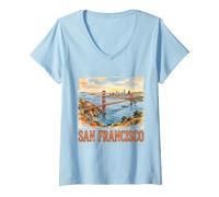 Donna San Francisco California Golden Gate Bridge Vintage Maglietta con Collo a V