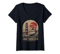 Donna San Francisco Golden Gate Bridge Sole Rosso Stile Ukiyoe Maglietta con Collo a V