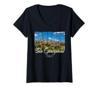 Donna San Gimignano Toscana Italia Vintage Panorama Maglietta con Collo a V