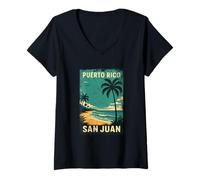 Donna San Juan Palme Spiaggia Porto Rico Vacanza Vintage Retro Maglietta con Collo a V