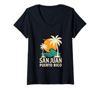 Donna San Juan Porto Rico Tramonto Palme Oceano Onda Retro Maglietta con Collo a V