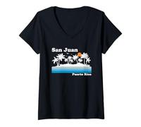 Donna San Juan Porto Rico Vintage 80s Vacanza Tropicale Tramonto Maglietta con Collo a V
