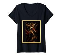 Donna San Michele Arcangelo Barocco Chiaroscuro Icona Design Maglietta con Collo a V