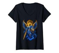 Donna San Michele Blu Celeste Angelo Spada Scudo Arte Sacra Maglietta con Collo a V