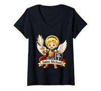 Donna San Michele per Bambini Arcangelo cattolico Chibi Pregare Maglietta con Collo a V