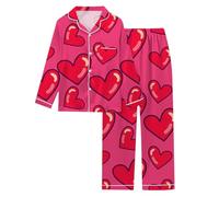 Donna San Valentino a forma di cuore stampato accogliente e delicato sulla pelle maniche lunghe morbido e delicato sulla pelle Lovely Love moda e confortevole risvolto biancheria da notte, Rosa acceso
