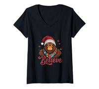 Donna Santa Bigfoot Christmas Believe Xmas Lights Funny Sasquatch Maglietta con Collo a V