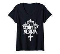 Donna Santa Caterina da Siena Prega per Noi Cristiani Cattolici Maglietta con Collo a V