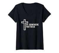 Donna Santa Genevieve Prega per Noi devozione cattolica Maglietta con Collo a V