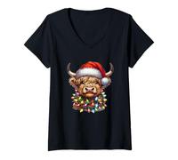 Donna Santa Highland Mucca Aggrovigliato in Natale Luci Vacanza Maglietta con Collo a V