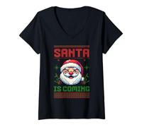 Donna Santa is Coming Pixel Art Retro Christmas Graphic Maglietta con Collo a V