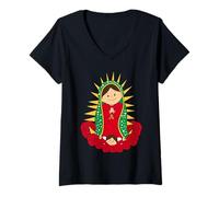 Donna Santa María de Guadalupe Cartoon Reina del Cielo Floral Maglietta con Collo a V