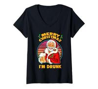Donna Santa Merry Christmas I'm Drunk Beer Drinking Funny Xmas Maglietta con Collo a V