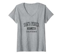Donna Santa Monica California CA Vintage Sports Design Nero Desig Maglietta con Collo a V