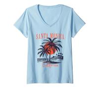 Donna Santa Monica California Retro Palma Tramonto Maglietta con Collo a V