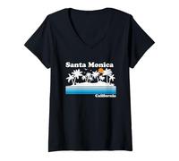 Donna Santa Monica California Vintage 80s Vacanza Tropicale Tramonto Maglietta con Collo a V