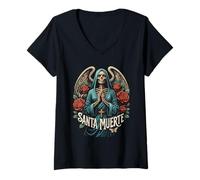 Donna Santa Muerte divinità Messicana Folklore Maglietta con Collo a V